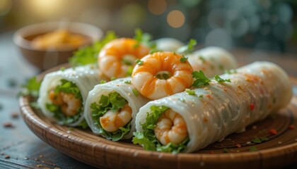 a wooden plate showcases several translucent spring rolls filled with leafy greens and orange shellfish. each roll is topped with a whole cooked shellfish piece and small green sprigs for garnish