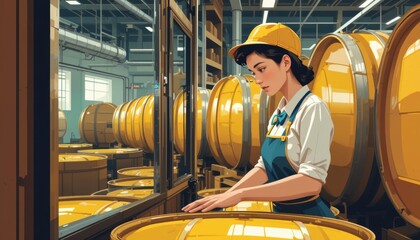 the illustration depicts a person in a yellow hard hat working within a storage or processing facility