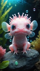 in an underwater environment, a pink animal rests on a rock. the animal has large, blue eyes, and several small feathery protrusions along the top of its head