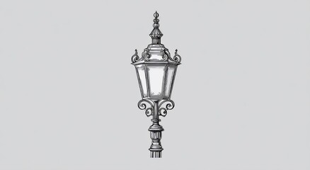 Elegant Ornamental Street Light Illustration on Neutral Background, Detailed Architectural Drawing for Historic Appeal