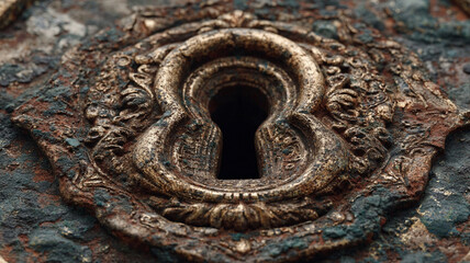Old keyhole embedded in tarnished brass plate