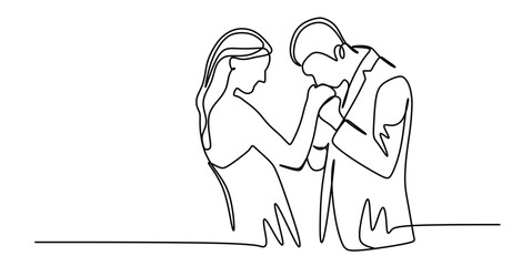 Obraz premium continuous line art of a pair of man and woman in a dress and suit having a wedding reception and embracing. wedding concept. this icon is for invitation cards and wall decorations.
