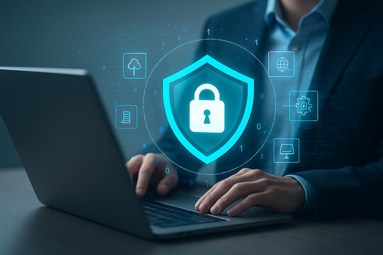 Man using laptop with glowing digital security shield and data protection icons