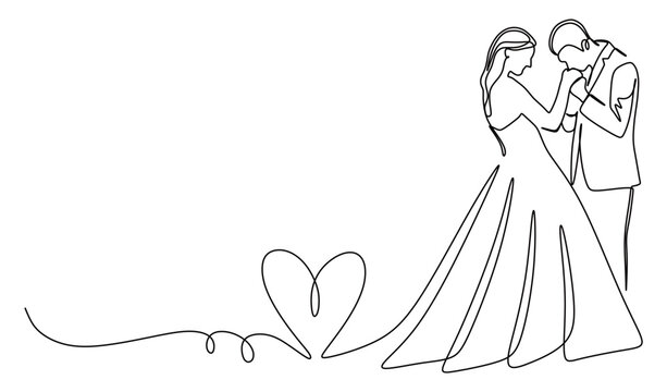 continuous line art of a pair of man and woman in a dress and suit having a wedding reception and embracing. wedding concept. this icon is for invitation cards and wall decorations.