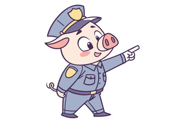Fototapeta premium Vector cute Pig cartoon character, dressed as a police officer, directing traffic, authoritative yet friendly expression, city street hint, clear signals, isolated on white background