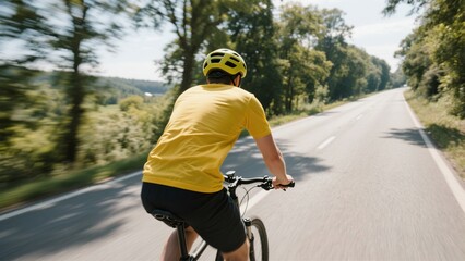 Man in Yellow Shirt Cycling on Sunny Road, Mountain Bike Ride, Summer Outdoor Activity, Active Lifestyle, Helmet Safety