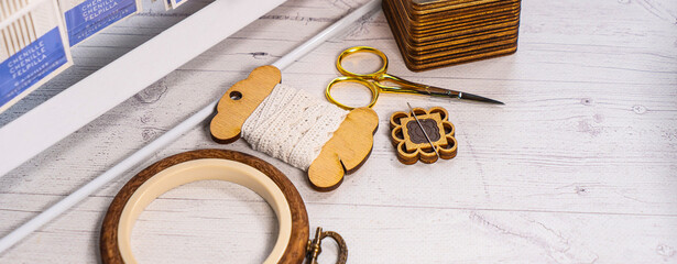 Accessories for hobby. Hoop snaps, threads, needles and scissors. Vintage tools for embroidery and...