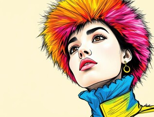 Obraz premium Vibrant portrait of a woman with colorful hair looking upwards, showcasing unique style and artistic flair.