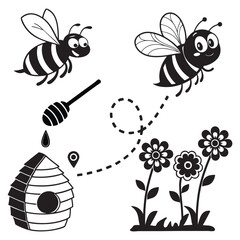 Silhouette honey bee vector design honey hive and a honey spoon, The bee is flying towards the hive