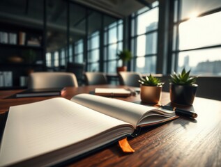 Open notebook with pen on conference table, meeting room in background, city view outside the window