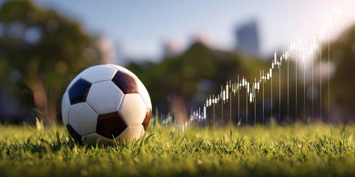 Soccer Ball Growth Financial Chart Overlay on Grass, Indicating Sports Business and Investment Success in Football Sector