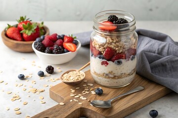 Healthy breakfast yogurt parfait with berries and granola high resolution photo