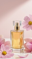 Elegant perfume bottle displayed with delicate pink cosmos and magnolia blossoms.