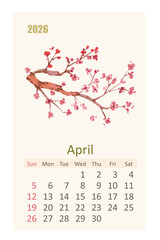 watercolor 2026 calendar page for April. east painting sakura branch of blooming tree. flowering cherry tree