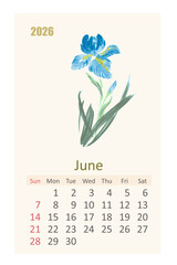 watercolor 2026 calendar page for June. east painting of iris flower