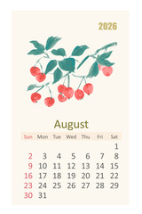watercolor 2026 calendar page for August. east painting branch of tree with berries fruit