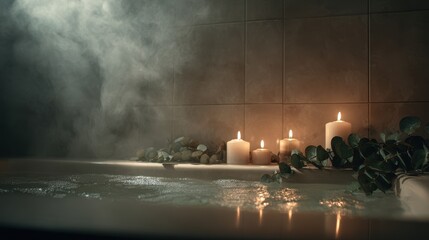 Obraz premium Relaxing spa scene in a hot tub with candles and eucalyptus.