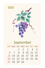 watercolor 2026 calendar page for September. east painting of bunch of grapes
