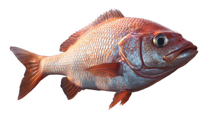 Fototapeta premium An inquisitive red snapper swimming in deep ocean currents isolated against a stark black on transparent background