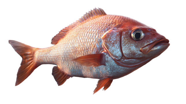 An inquisitive red snapper swimming in deep ocean currents isolated against a stark black on transparent background