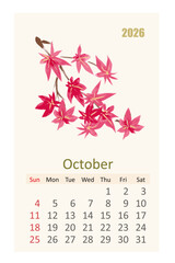 watercolor 2026 calendar page for October. east painting branch of japan maple