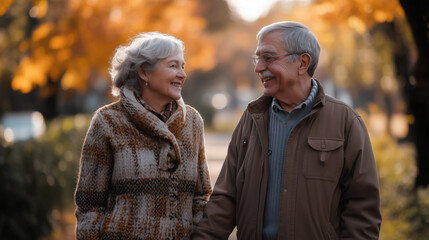 an elderly couple holding hands and smiling in a park