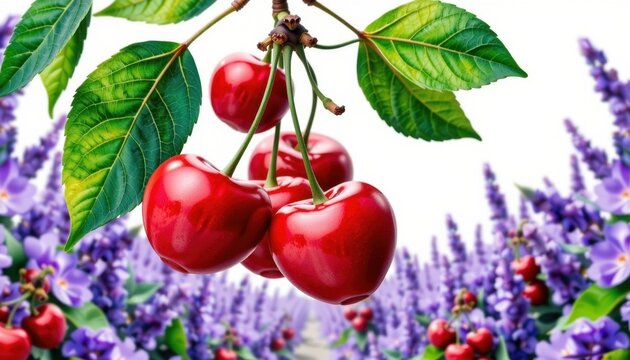 Close-up of ripe red cherries hanging from a branch amidst green leaves with purple lavender flowers in the background, showcasing fresh fruit and vibrant garden scenery
