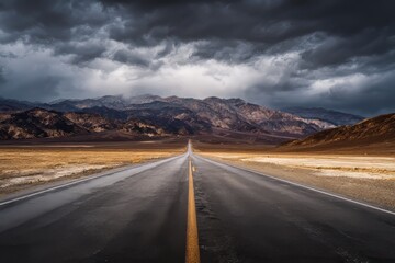 Naklejka premium Dramatic Sky Over Desert Highway A Road to the Mountains Under a Stormy Sky Landscape