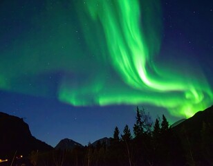 Fototapeta premium Vivid green aurora borealis dances above trees and mountains