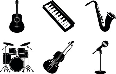 Various musical instruments black silhouette vector illustration