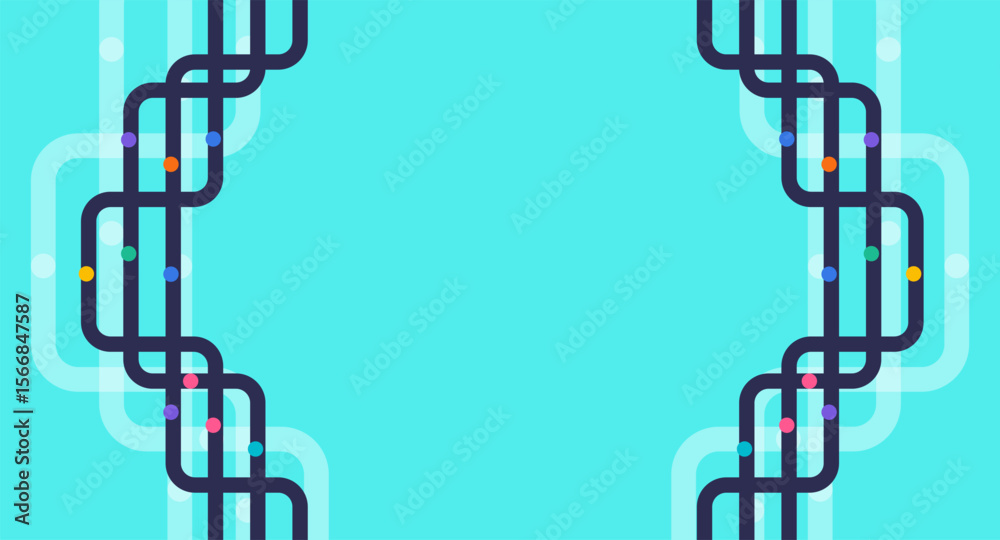 Aufkleber dark rounded lines and colorful nodes form a symmetrical border on a cyan grid background, ideal for