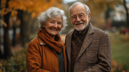 an elderly couple holding hands and smiling in a park