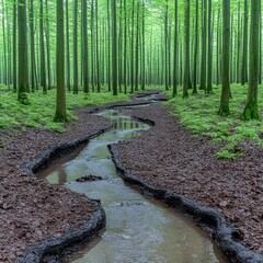 A tranquil stream meanders through vibrant green trees, creating a serene atmosphere