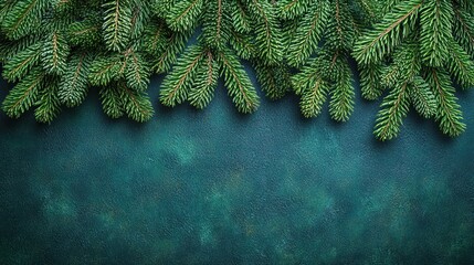 Evergreen needles cascade against a deep blue backdrop, evoking serenity