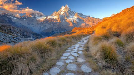 Sunset lit peaks reflect serenity along a winding pathway