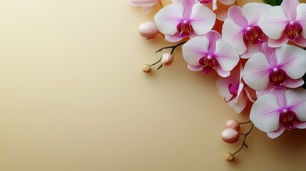 Delicate pink orchids with buds grace a smooth, neutral backdrop, showcasing elegance