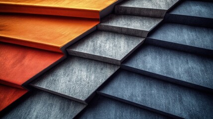 A bold staircase features vibrant orange, gray, and blue with textured finishes
