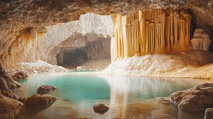 Stalactites hang above shimmering waters in a tranquil cave environment at midday