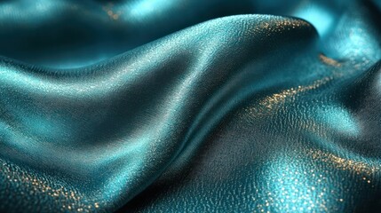Glistening teal cloth drapes elegantly, showcasing intricate texture under gentle light
