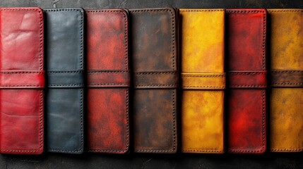 Colorful handcrafted leather wallets displayed on a textured surface