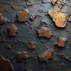Rust and peeling paint form a striking texture on a dark, aged surface