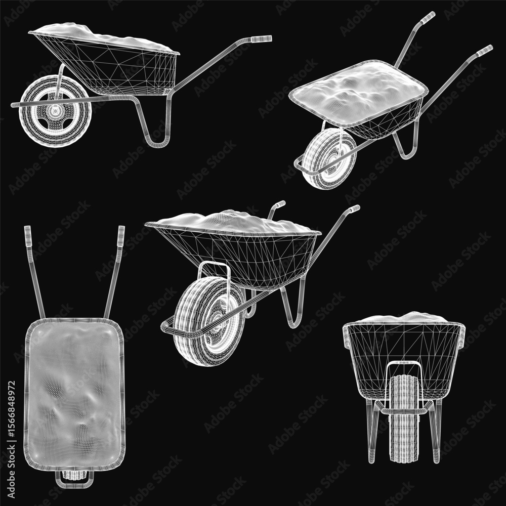 Fototapete Detailed 3D wheelbarrow models displayed on a black background, each with unique shapes and sizes. The stark contrast highlights the clean white outlines and intricate designs.