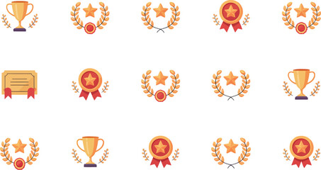 A collection of white squares featuring golden trophies, stars, and certificate illustrations icons