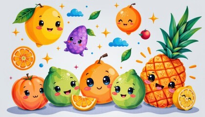 Fototapeta premium Funny cartoon fruit characters with expressive faces including pine, oranges, s, grapes, and a purple fruit with detailed bright colorful illustration