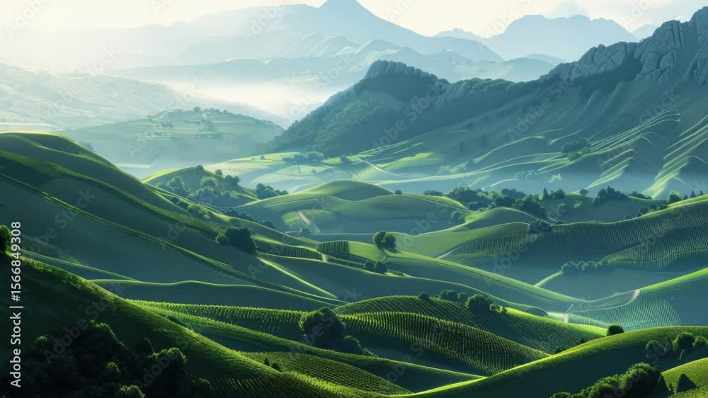 Poster A scenic view of a mountain range with a valley in the foreground, suitable for use in travel or nature-inspired projects