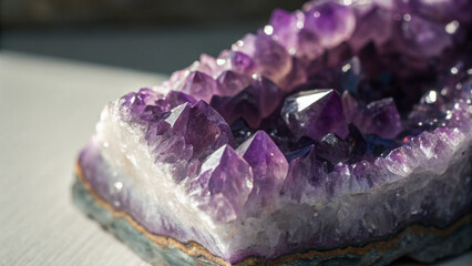 Fototapeta premium Macro Close-up of Raw Amethyst Geode Crystal Clusters Vibrant Purple Mineral Specimen
