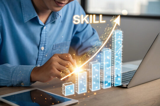 Man enhances skills with digital growth chart and upward arrow on laptop screen. Employee upskilling for digital transformation, personal development, training, and learning concept