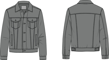 Front and back view of men’s buttoned jacket technical sketch, flap chest pockets, side pockets, collar detail, cuffed sleeves, structured garment illustration