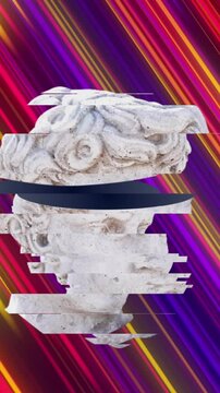 Animation of antique sliced head sculpture over striped background
