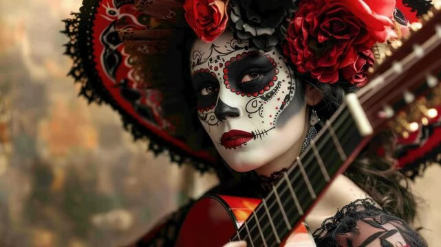 A woman dressed in a red and black costume plays a guitar, ready for a performance or jam session